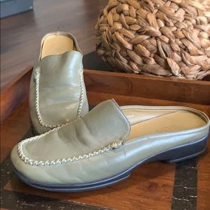 Bass green slip on flats w/ white stitching